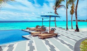 Preview wallpaper sun lounger, umbrella, palm, rest, ocean