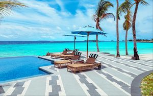 Preview wallpaper sun lounger, umbrella, palm, rest, ocean