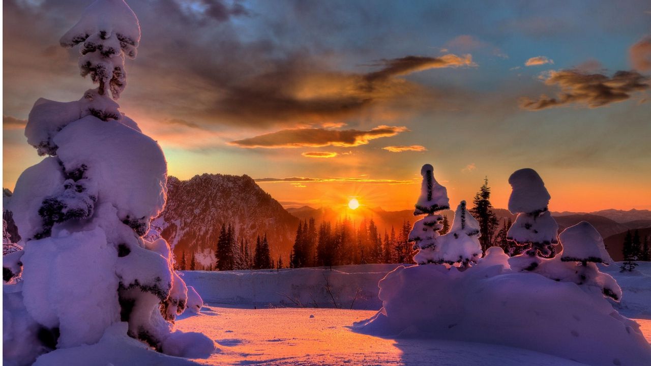 Wallpaper sun, mountains, clouds, snowdrifts, fur-trees, winter