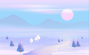 Preview wallpaper sun, mountains, vector, art, trees, landscape, pastel
