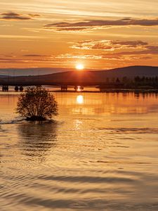 Preview wallpaper sun, rays, sunset, water, bridge