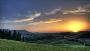 Preview wallpaper sun, rising, meadows, fields, greens, bridge, trees