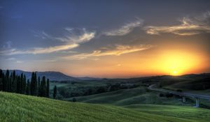 Preview wallpaper sun, rising, meadows, fields, greens, bridge, trees