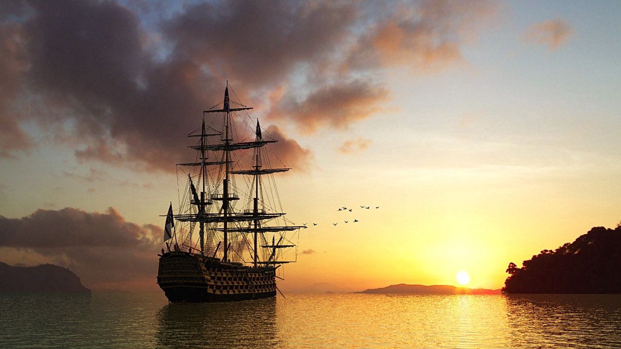 Wallpaper sun, rising, morning, ship, sea, birds