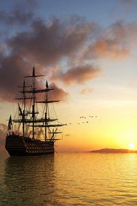 Preview wallpaper sun, rising, morning, ship, sea, birds