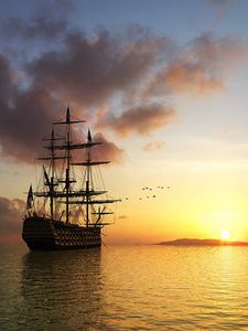 Preview wallpaper sun, rising, morning, ship, sea, birds