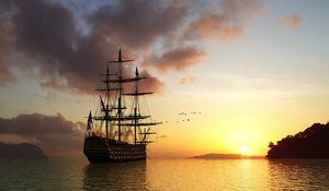 Preview wallpaper sun, rising, morning, ship, sea, birds