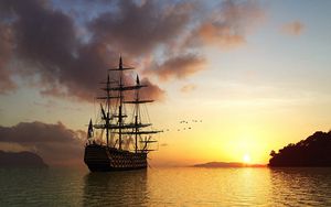 Preview wallpaper sun, rising, morning, ship, sea, birds