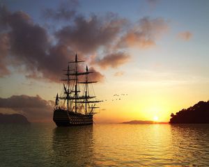 Preview wallpaper sun, rising, morning, ship, sea, birds