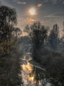 Preview wallpaper sun, river, trees, branches