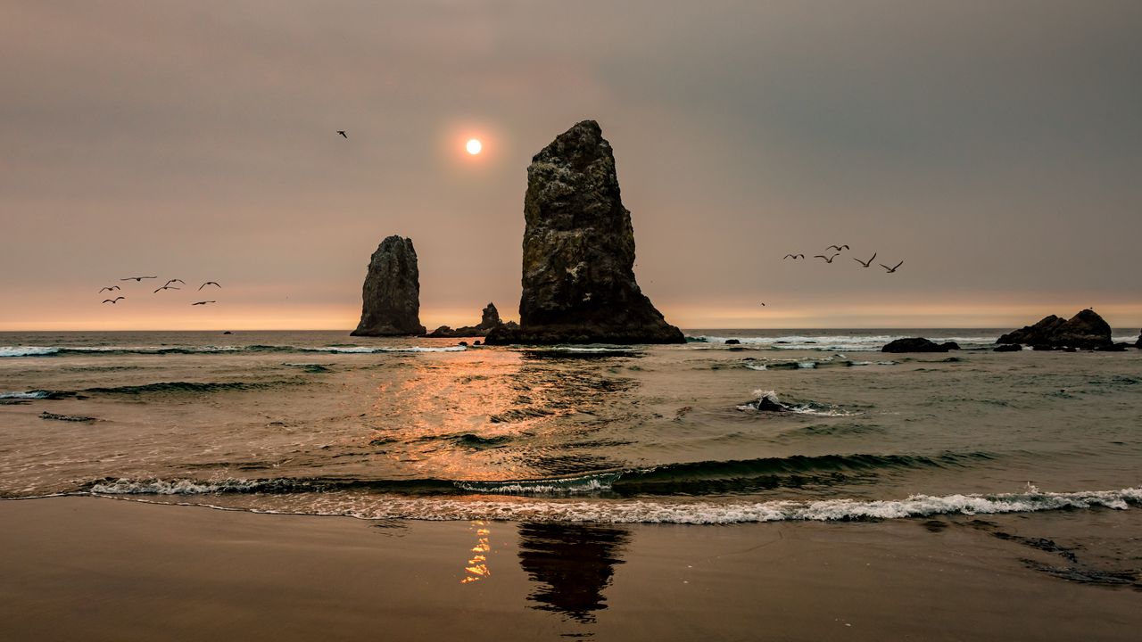 Wallpaper sun, rocks, beach, sunset