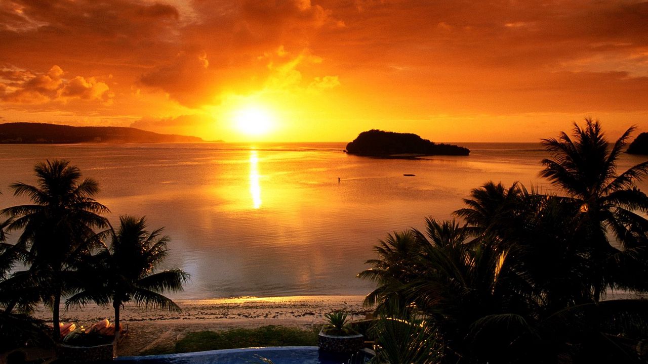 Wallpaper sun, sea, decline, horizon, evening, coast, pool, palm trees