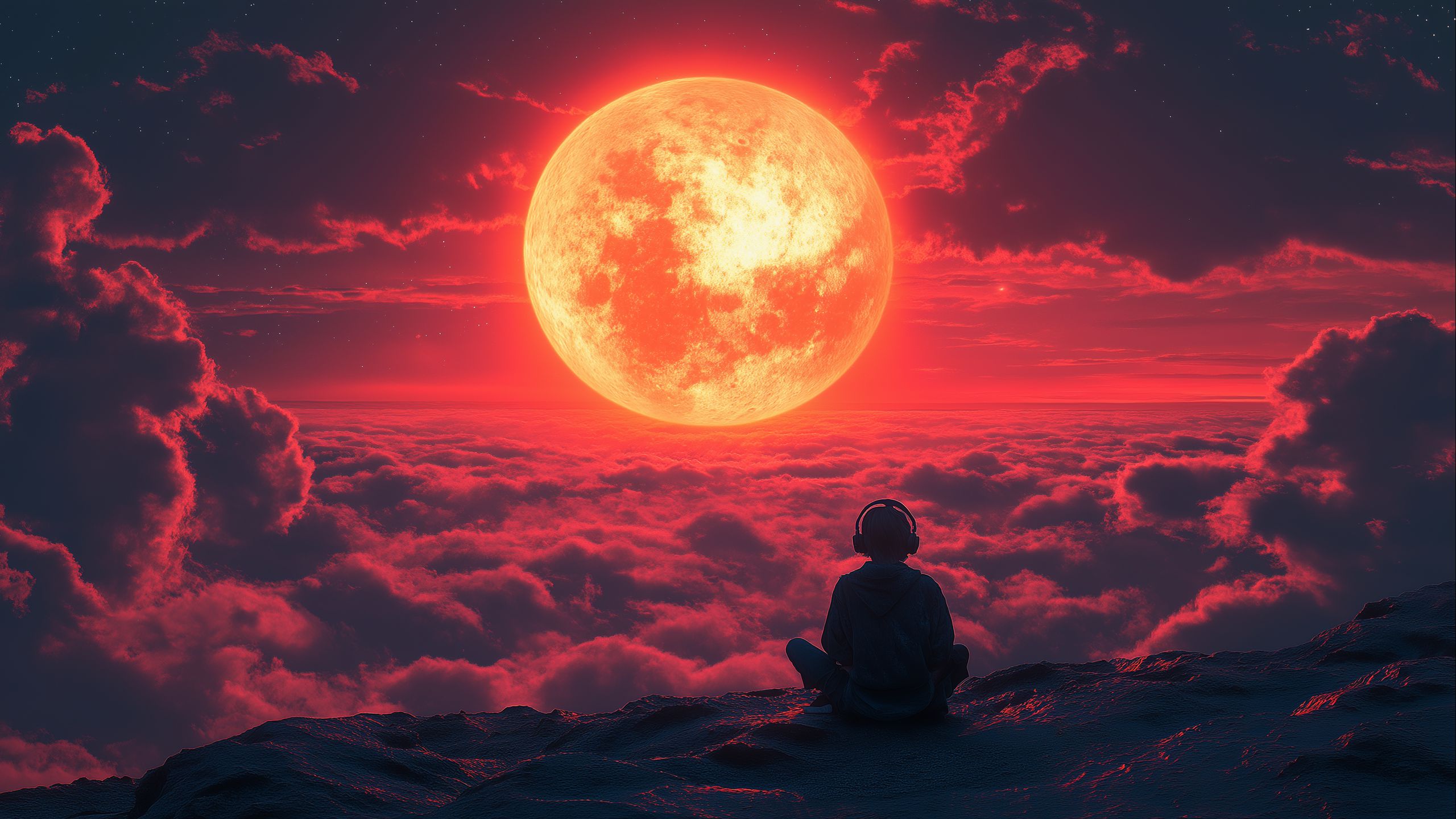 2560x1440 Wallpaper sun, silhouette, clouds, height