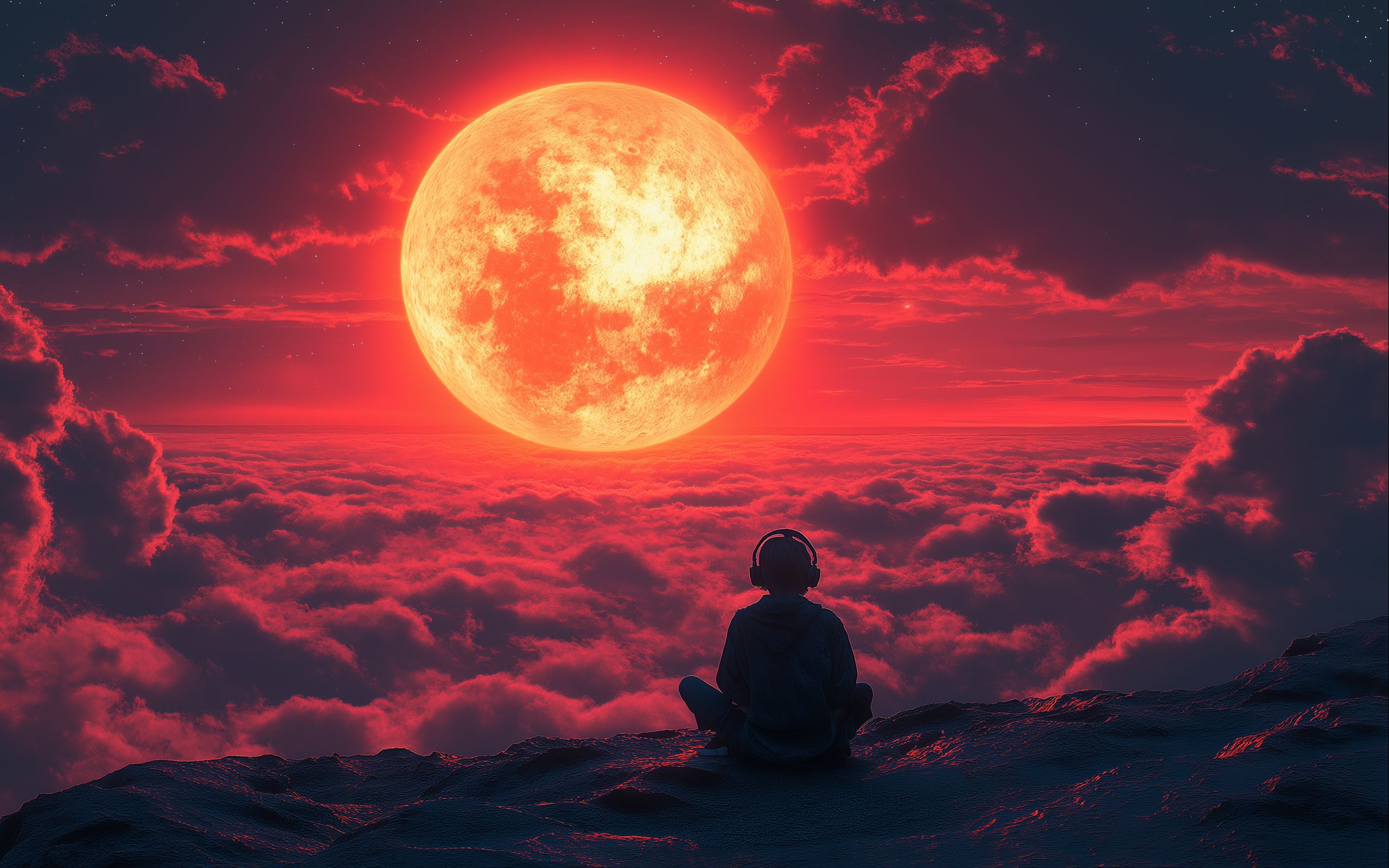2560x1600 Wallpaper sun, silhouette, clouds, height
