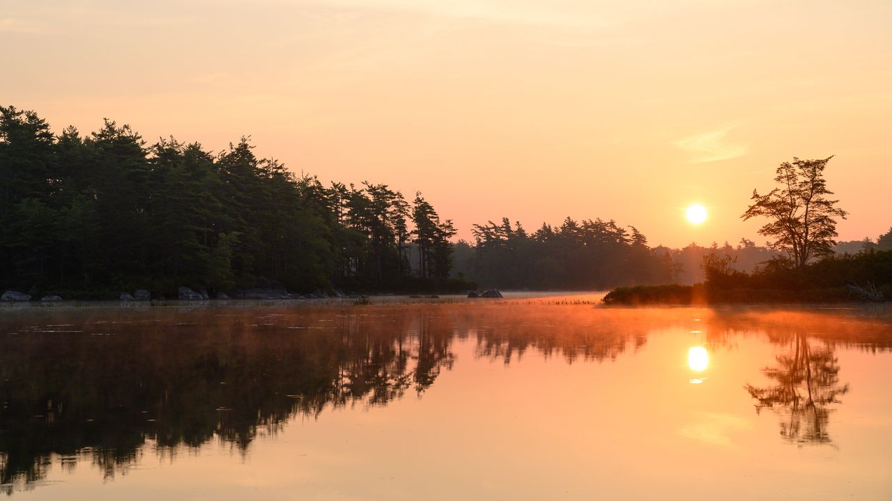 Wallpaper sun, sunset, lake, reflection, landscape, nature