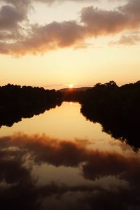 Preview wallpaper sun, sunset, lake, reflection, trees, dark