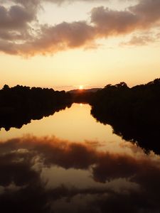 Preview wallpaper sun, sunset, lake, reflection, trees, dark