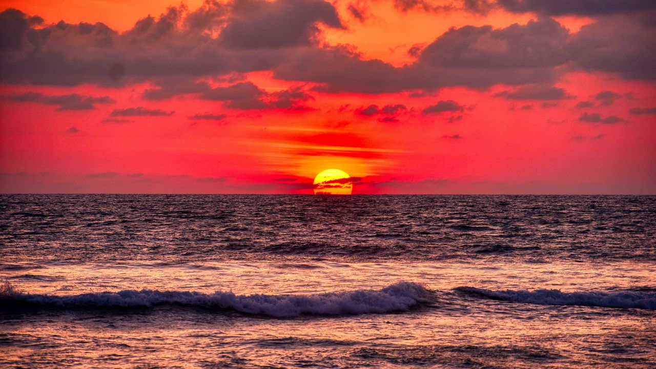 Wallpaper sun, sunset, ocean, water, waves