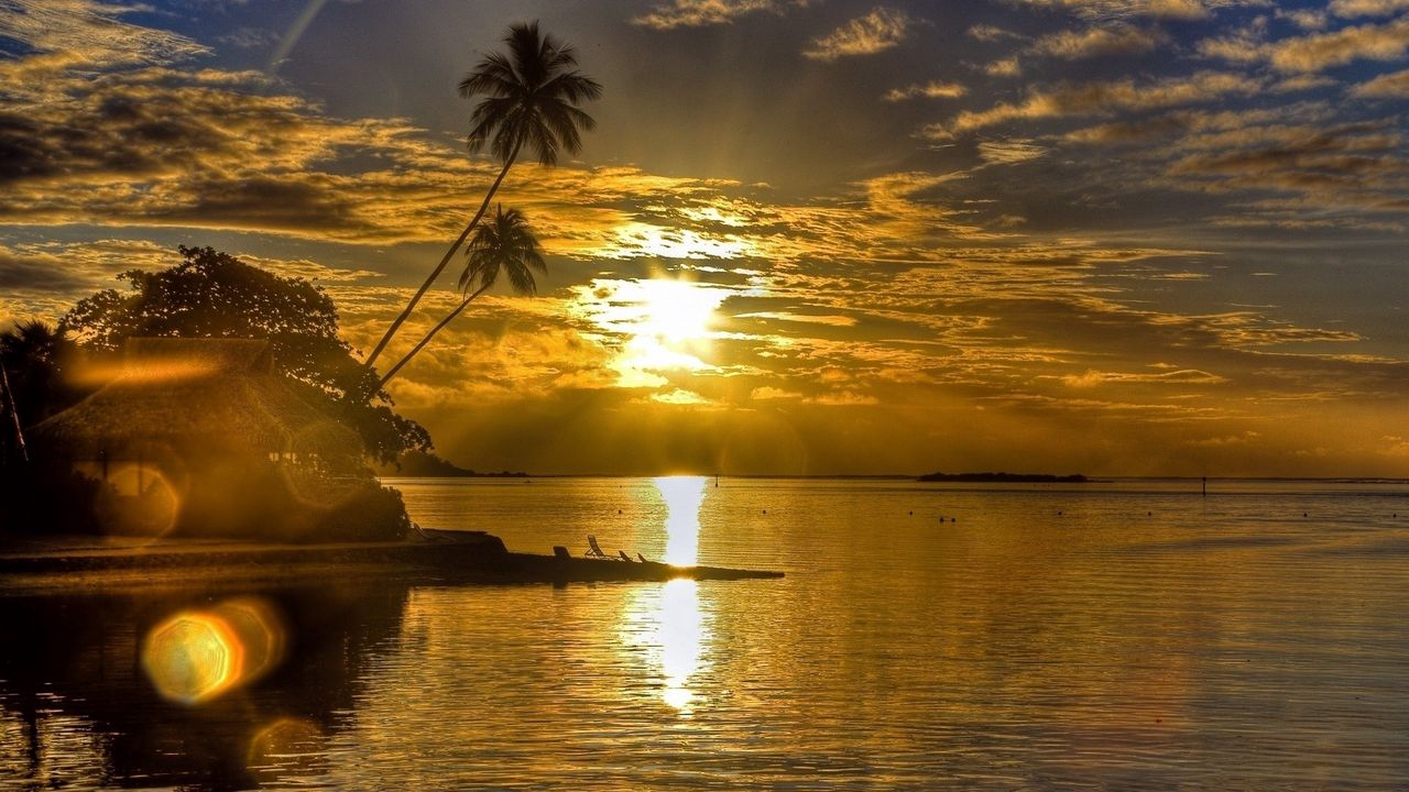 Wallpaper sun, sunset, reflections, palm, island, bungalow