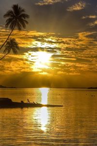 Preview wallpaper sun, sunset, reflections, palm, island, bungalow