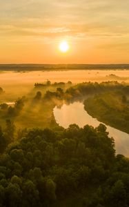 Preview wallpaper sun, sunset, river, fog, trees