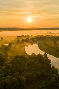 Preview wallpaper sun, sunset, river, fog, trees