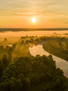 Preview wallpaper sun, sunset, river, fog, trees