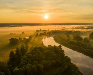 Preview wallpaper sun, sunset, river, fog, trees