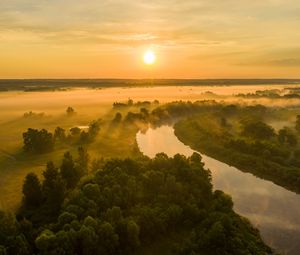 Preview wallpaper sun, sunset, river, fog, trees