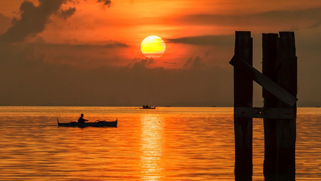 Wallpaper sun, sunset, sea, boats, pier