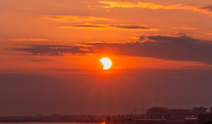 Preview wallpaper sun, sunset, water, pier, landscape