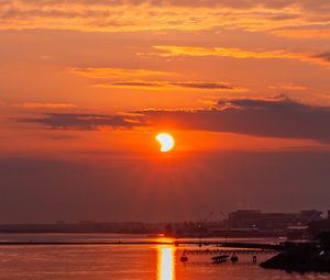 Preview wallpaper sun, sunset, water, pier, landscape