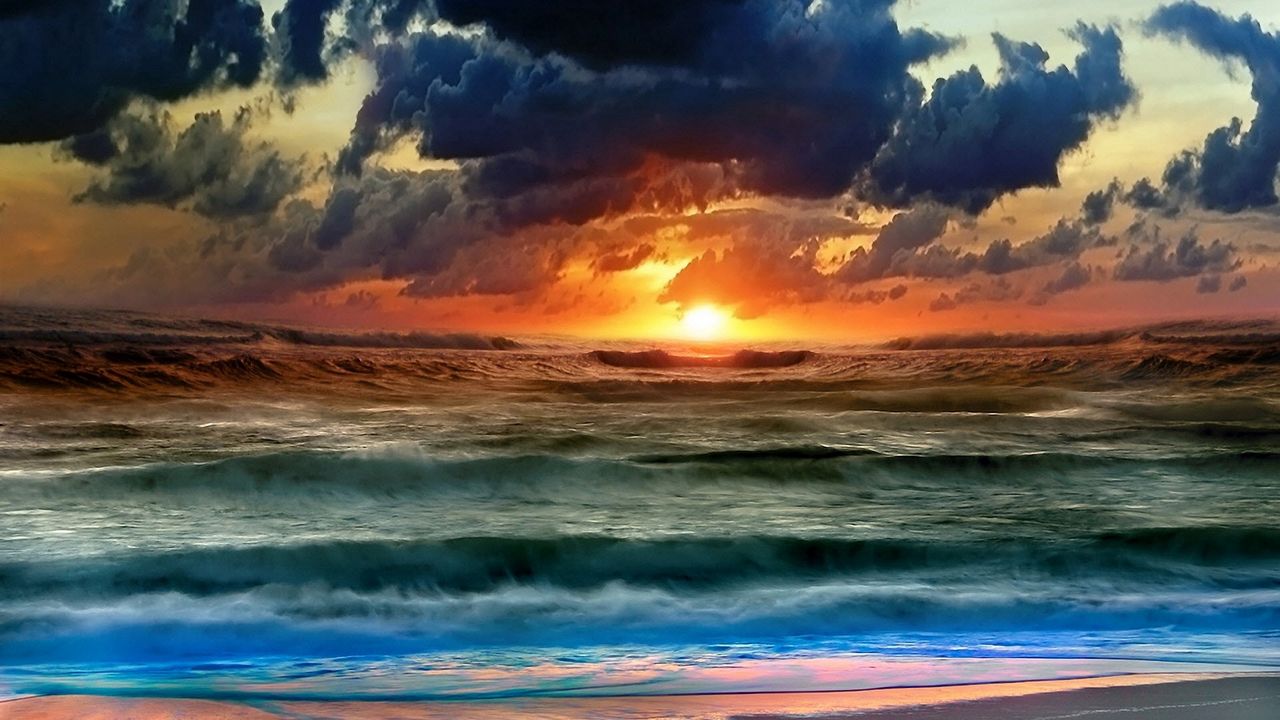 Wallpaper sun, water, sea, sky, decline, waves, clouds, colors