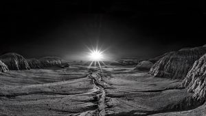 Preview wallpaper sundawn, rays, shine, flash, stone, desert, landscape, bw