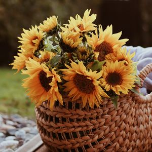 Preview wallpaper sunflower, flowers, basket, bouquet