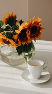 Preview wallpaper sunflowers, bouquet, cup, vase, table