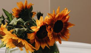 Preview wallpaper sunflowers, bouquet, cup, vase, table