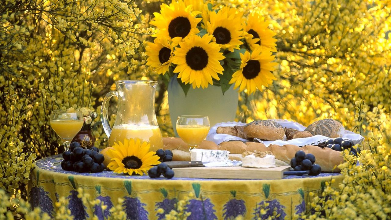 Wallpaper sunflowers, bouquet, vase, table, pitcher, biscuits, grapes, garden, beauty