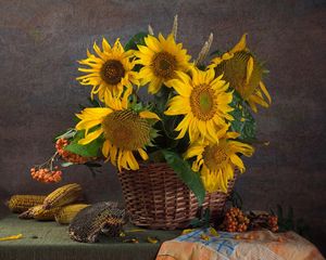 Preview wallpaper sunflowers, corn, mountain ash, seeds, trash, still life