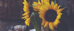 Preview wallpaper sunflowers, flowers, petals, vase, yellow, aesthetics