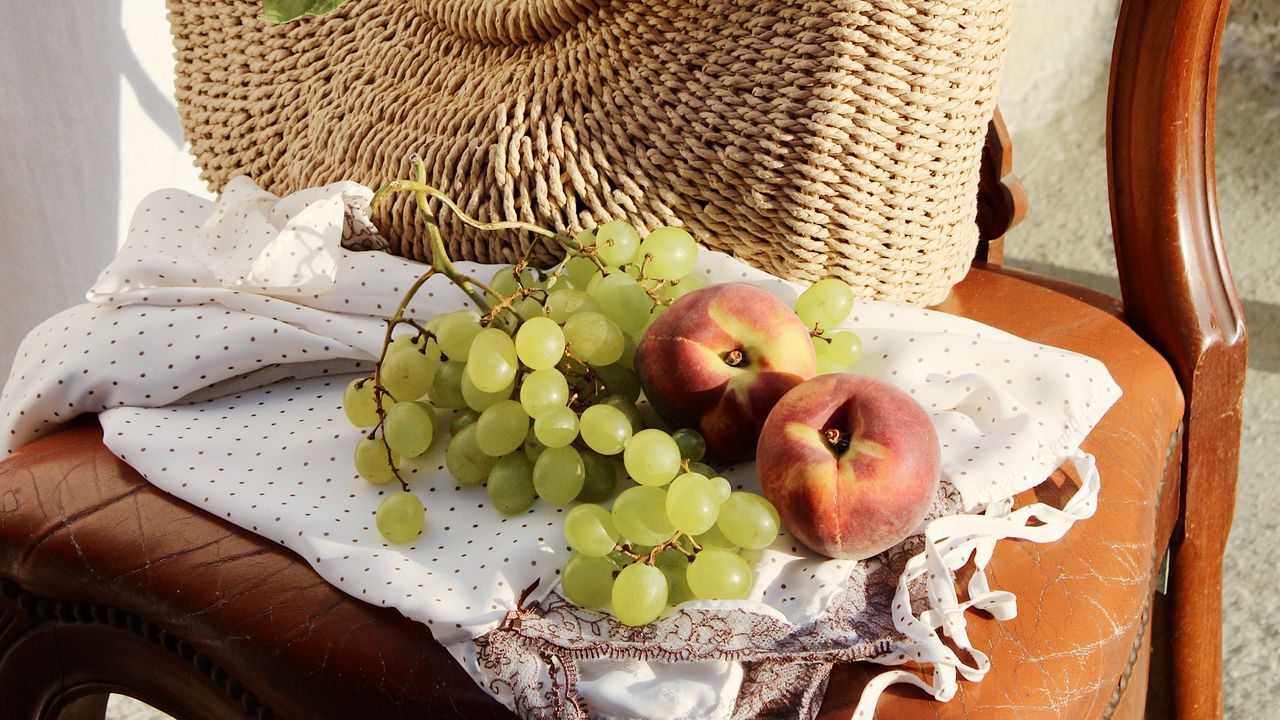 Wallpaper sunflowers, grapes, peach, basket, chair, flowers