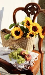 Preview wallpaper sunflowers, grapes, peach, basket, chair, flowers