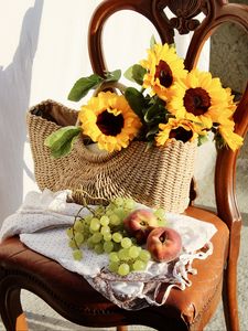 Preview wallpaper sunflowers, grapes, peach, basket, chair, flowers