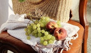 Preview wallpaper sunflowers, grapes, peach, basket, chair, flowers