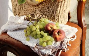 Preview wallpaper sunflowers, grapes, peach, basket, chair, flowers
