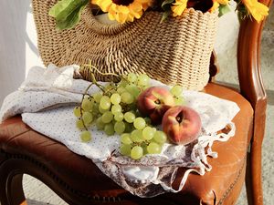 Preview wallpaper sunflowers, grapes, peach, basket, chair, flowers