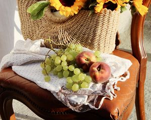 Preview wallpaper sunflowers, grapes, peach, basket, chair, flowers