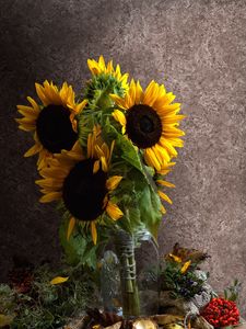 Preview wallpaper sunflowers, petals, bouquet, leaves