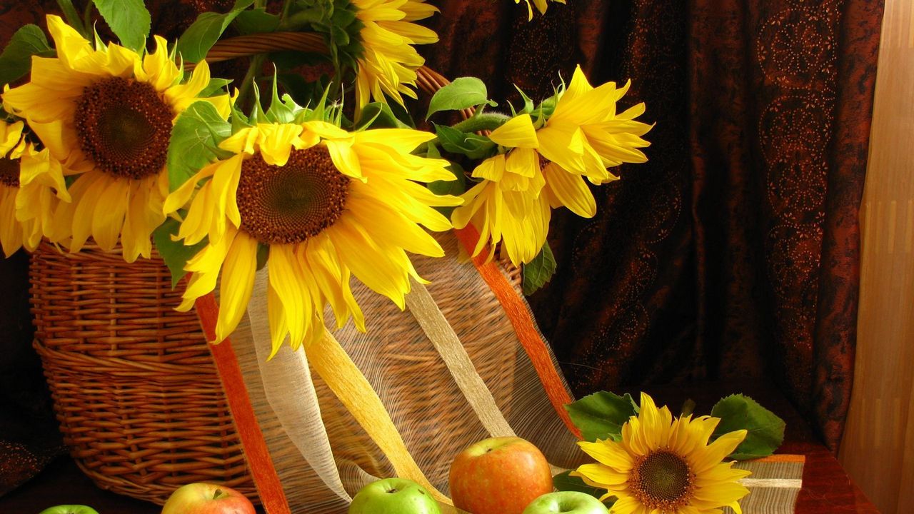 Wallpaper sunflowers, shopping, leaves, apples, table, curtains, still life