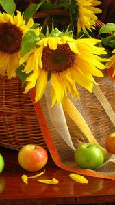 Preview wallpaper sunflowers, shopping, leaves, apples, table, curtains, still life